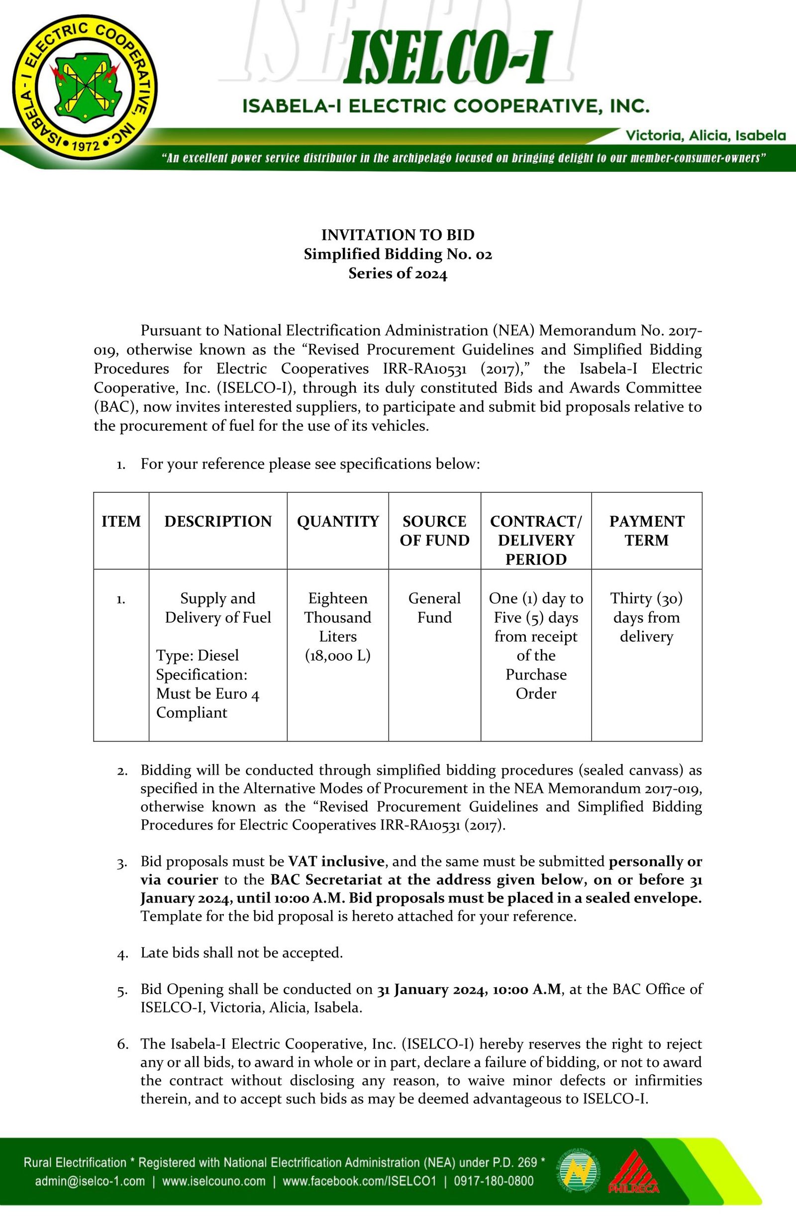 Simplified Bidding No. 02 Series of 2024 - Procurement of Fuel for the Use of its Vehicles